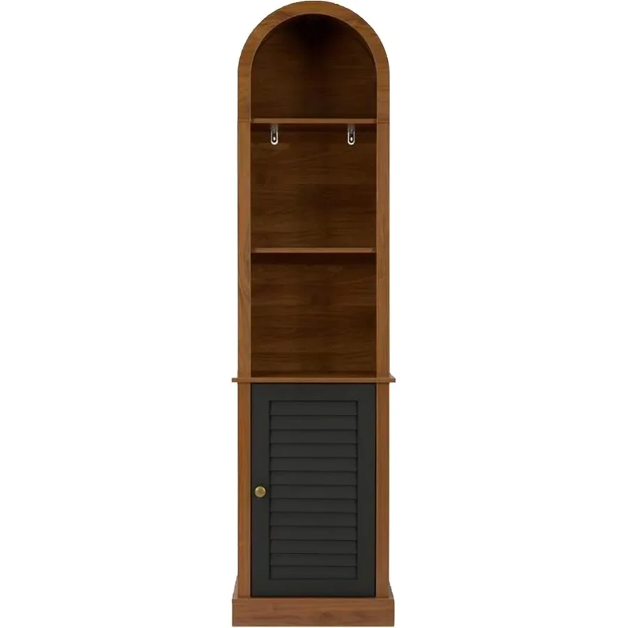 Tall arched corner bookshelf with shutter door for living room, solid wood construction, natural oak finish, space-saving desig