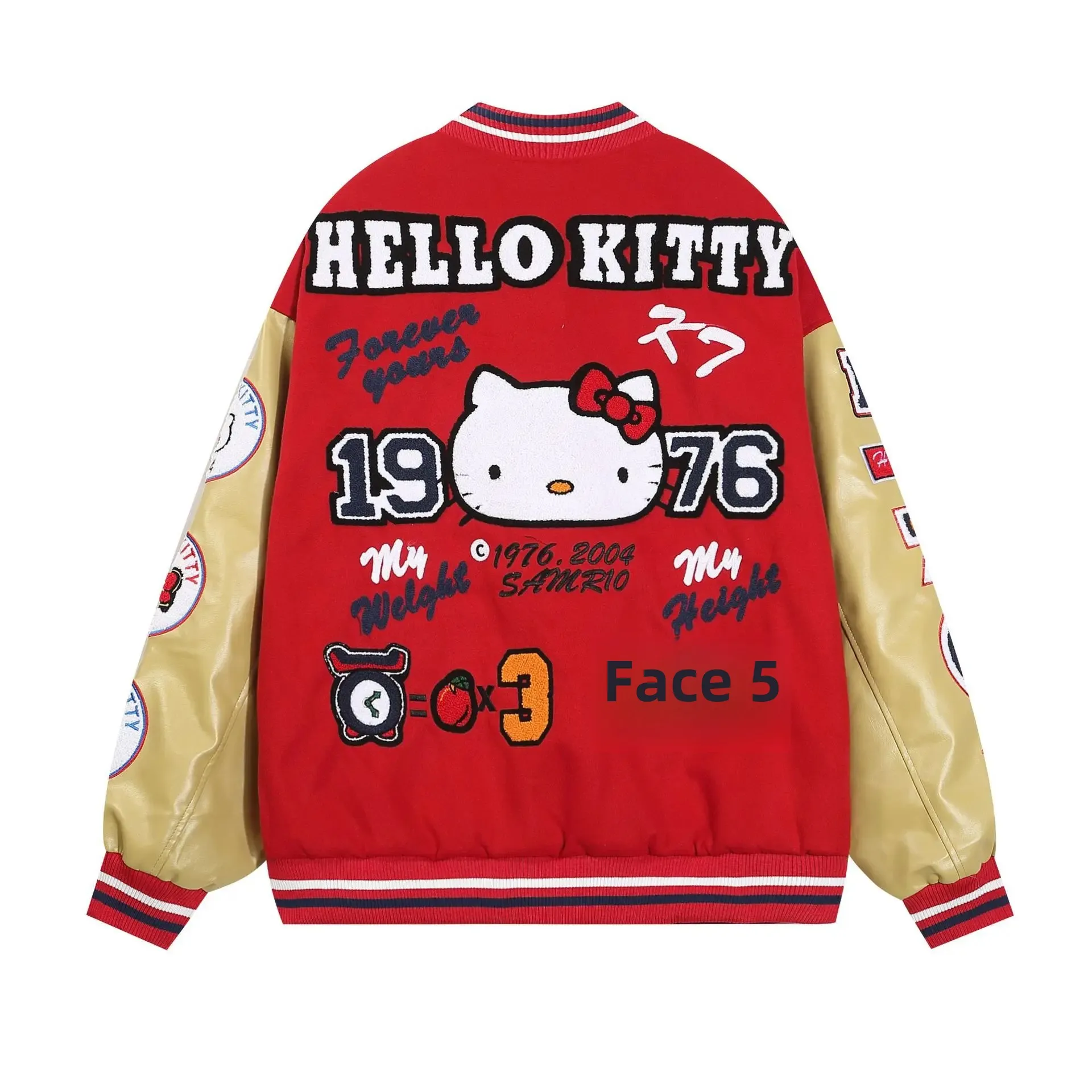 Cartoon Hello Kitty American Embroidery Baseball Jacket Sanrio Anime Colorful Block Coat Men Women Loose Stand Collar Top Jacket