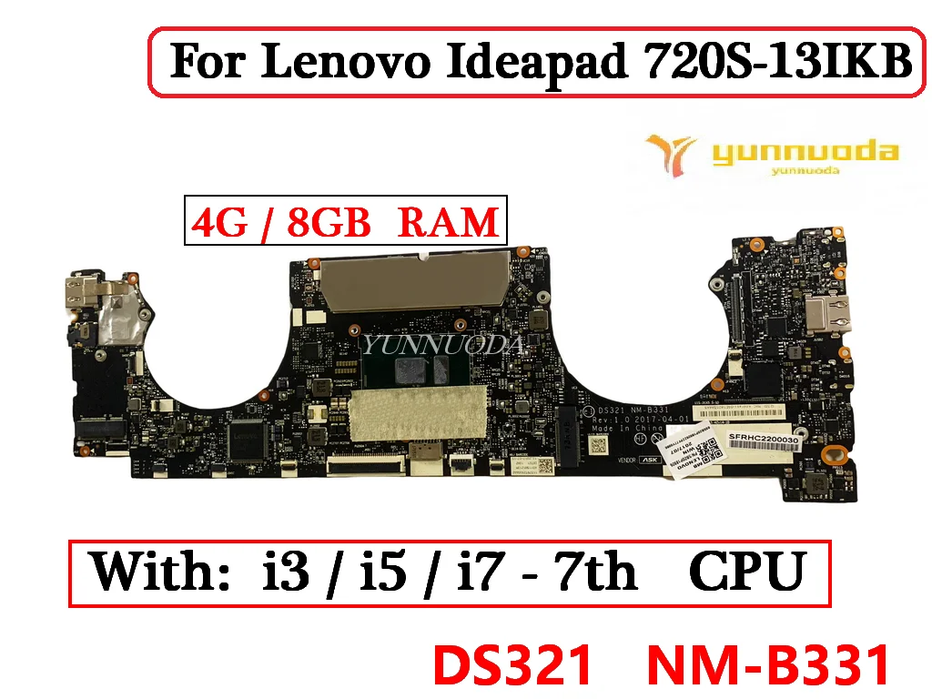 

DS321 NM-B331 For Lenovo Ideapad 720S-13IKB Laptop Motherboard With i3 i5 i7 CPU 4G 8G RAM 100% Tested