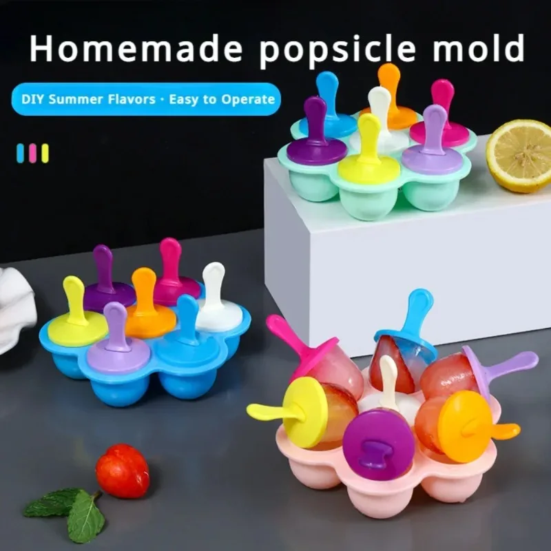 7-Cavity Silicone Ice Cream Mold - Food-Grade BPA Free Popsicle Maker Tray W/Sticks, DIY Homemade Frozen Treats for Kids