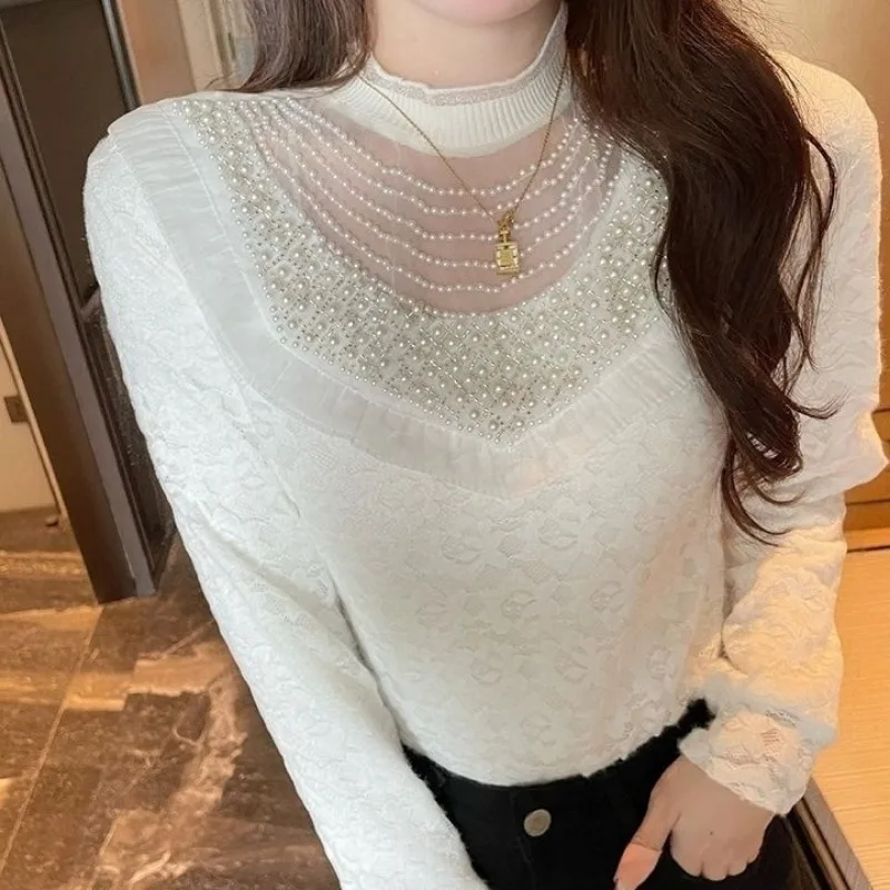 Women Fleece Lined Lace Hollow Out Blouse Autumn Winter Elegant Long Sleeve Warm Base Shirt