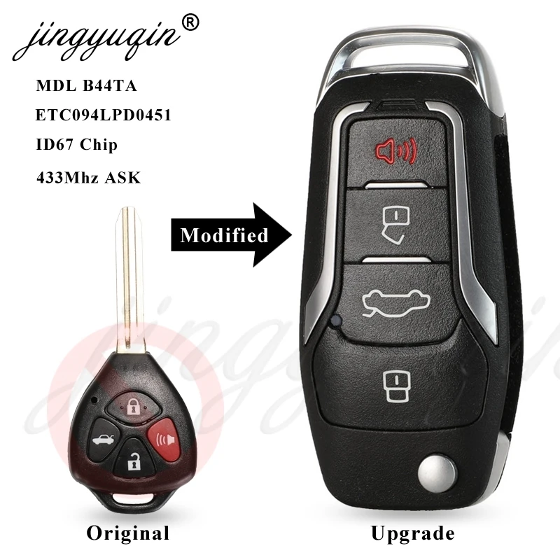 jingyuqin Modified Flip Car Key 433Mhz ID67 for Toyota Hilux Fortuner Camry Yaris Vios Innova Tokai Riki Remote Fob FCCID: B44TA