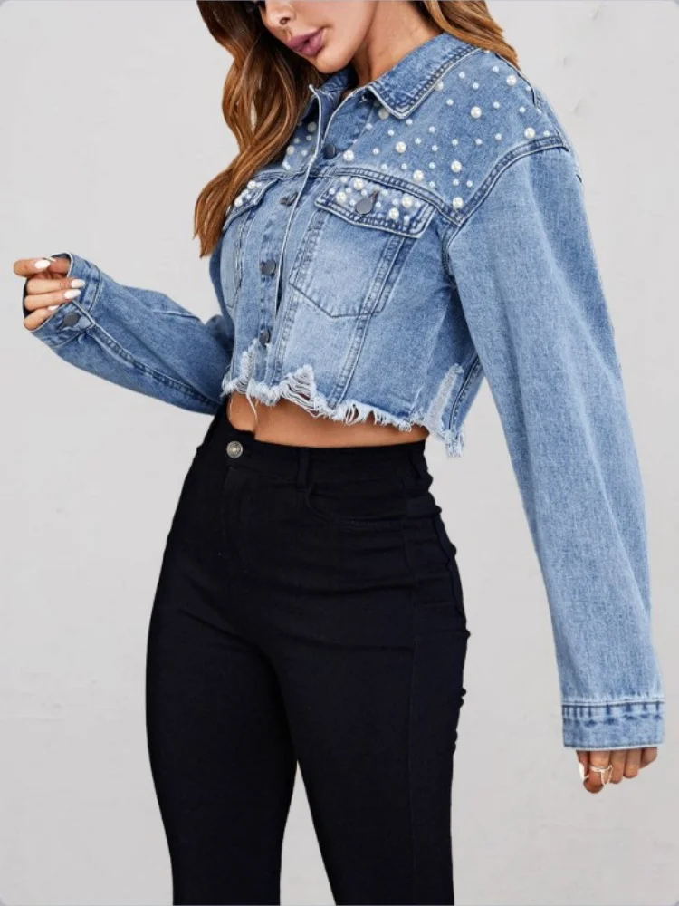 

Pearls Women Autumn Denim Jackets Turn Down Collar Long Sleeve Single Breasted Fashion Jeans Coat Street Crop Top