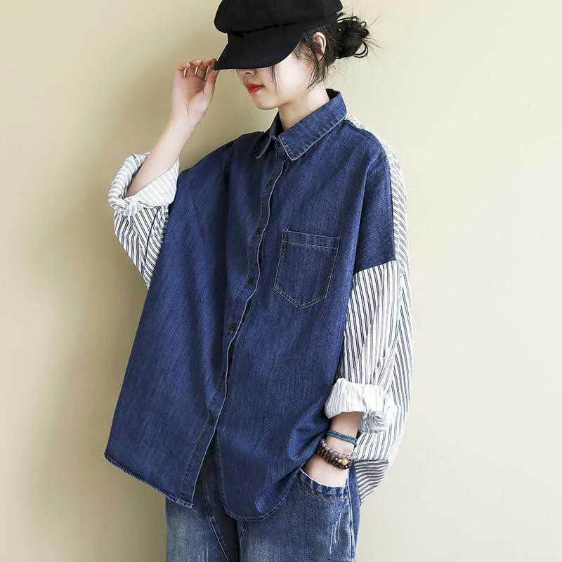 Denim Shirts for Women Casual Vintage Korean Style Polo-neck Striped Cardigans Long Sleeve Workwear Coats Mid-length Women Tops