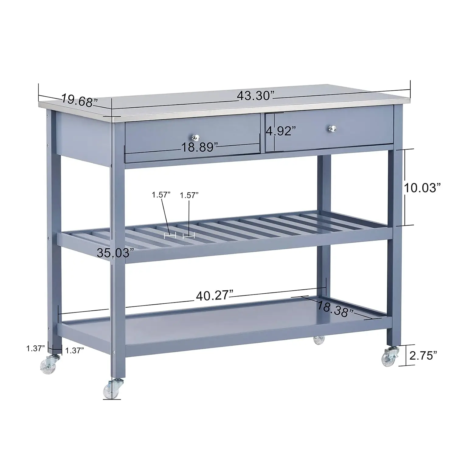 Kitchen Island Cart with Steel Top, Lockable Wheels, 3-Tier Bamboo Shelf, 43