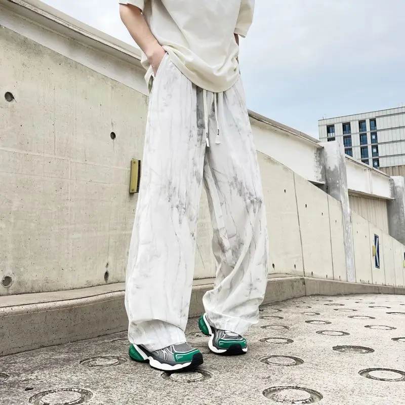 

Белые мужские летние брюки из окрашенного ледяного шелка, прямого кроя, быстросохнущие, свободные, струящиеся, широкие, в американском повседневном стиле