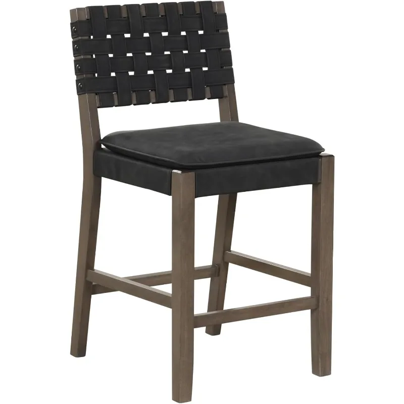 Cohen Mid-Century Modern Leather Bar Stool, Counter Height Chair in Solid Wood Frame with Footrest and Woven Leather Back, Black