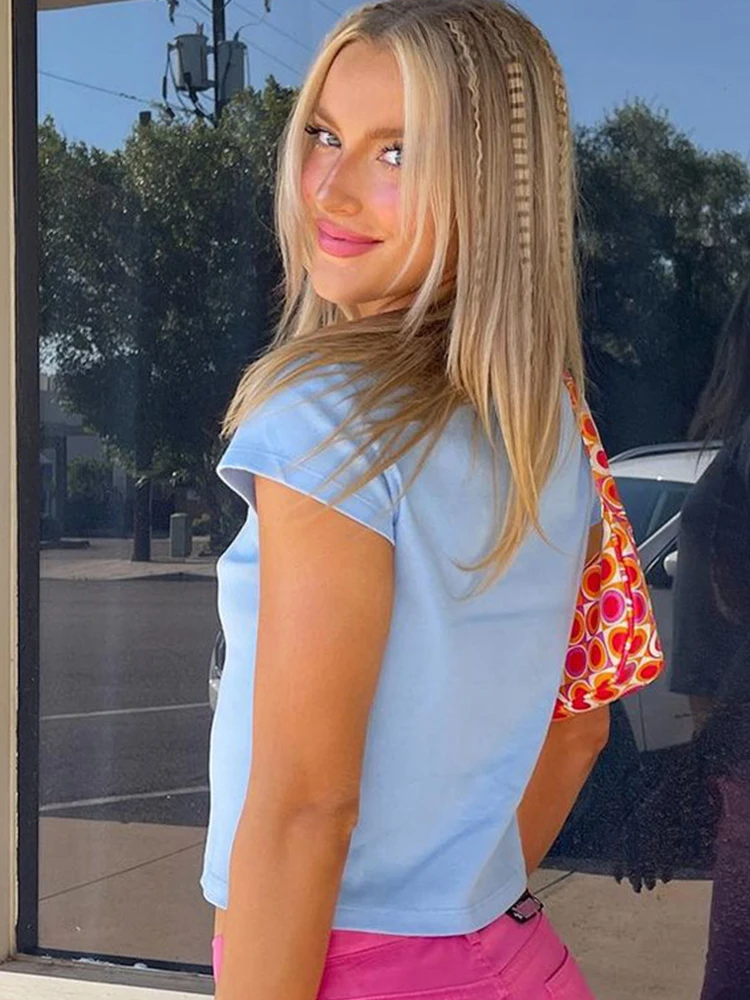 تي شيرت أزرق لطيف مطبوع عليه حروف جمالية 2000s Y2K ملابس الشارع الشهير برقبة دائرية وأكمام قصيرة قطع علوية نسائية موضة 2023 نحيفة #2