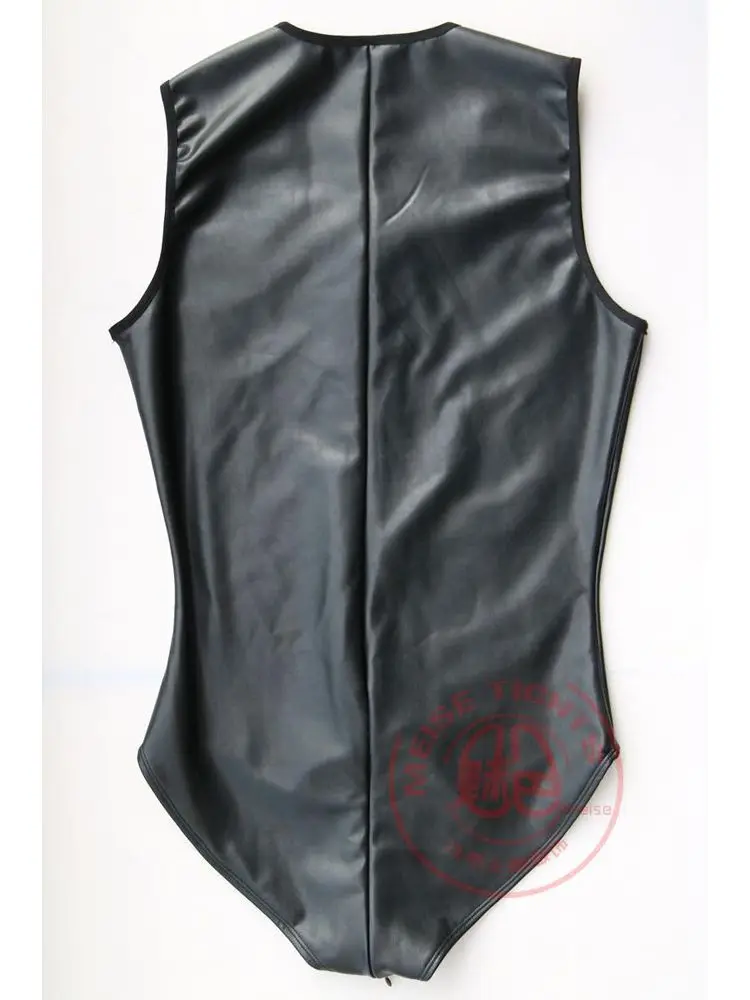Elastic PU Leather Zipper Open Crotch Bodysuit Men Body Hot Shaper Teddies Fitness Tank Top Sleeveless Bodybuilding Muscle Shirt