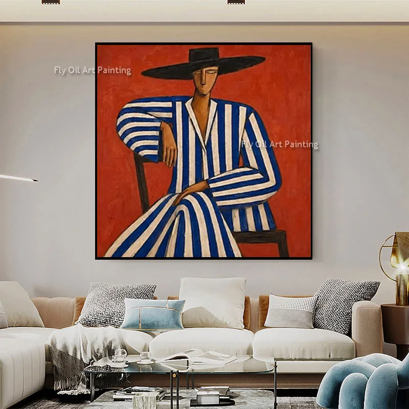 100% Handmade Impasto Cubist Lady Thick Canvas Wall Art New Artwork Red Tone Figurative Oil Painting For Room Decor