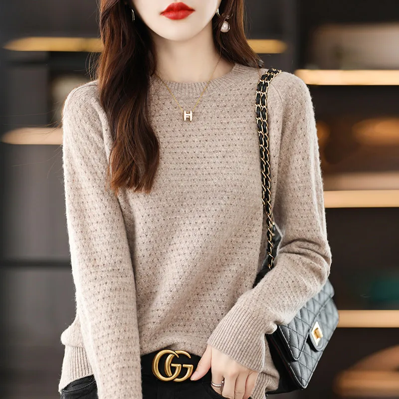 YSC2024 Women's Classic Pure Wool Seamless Round Neck Hollow Pullover Long Sleeve High Quality Warm Knitted Sweater