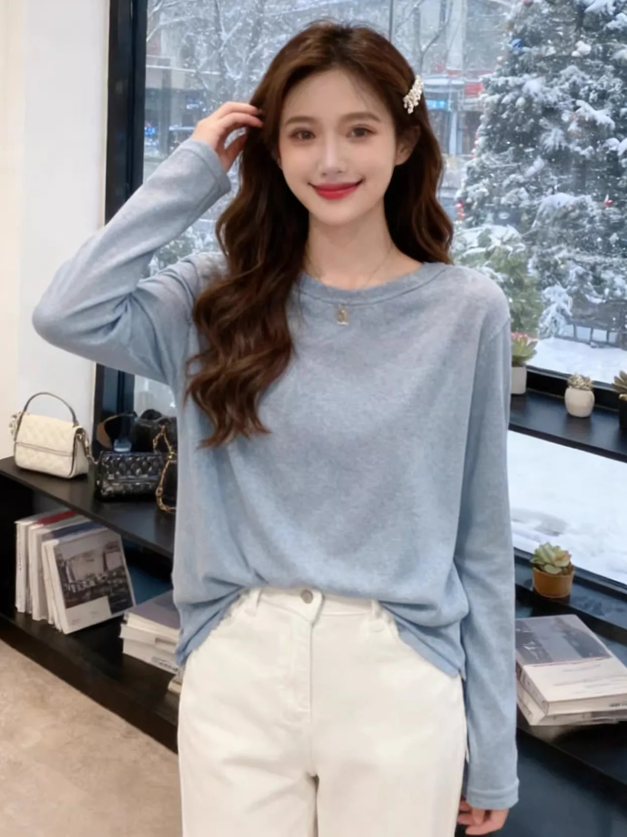 Loose Long Sleeve round Neck T-Shirt Women's Base Layer Shirt Inner Wear Simple Color Autumn Winter New Style Slimming Top