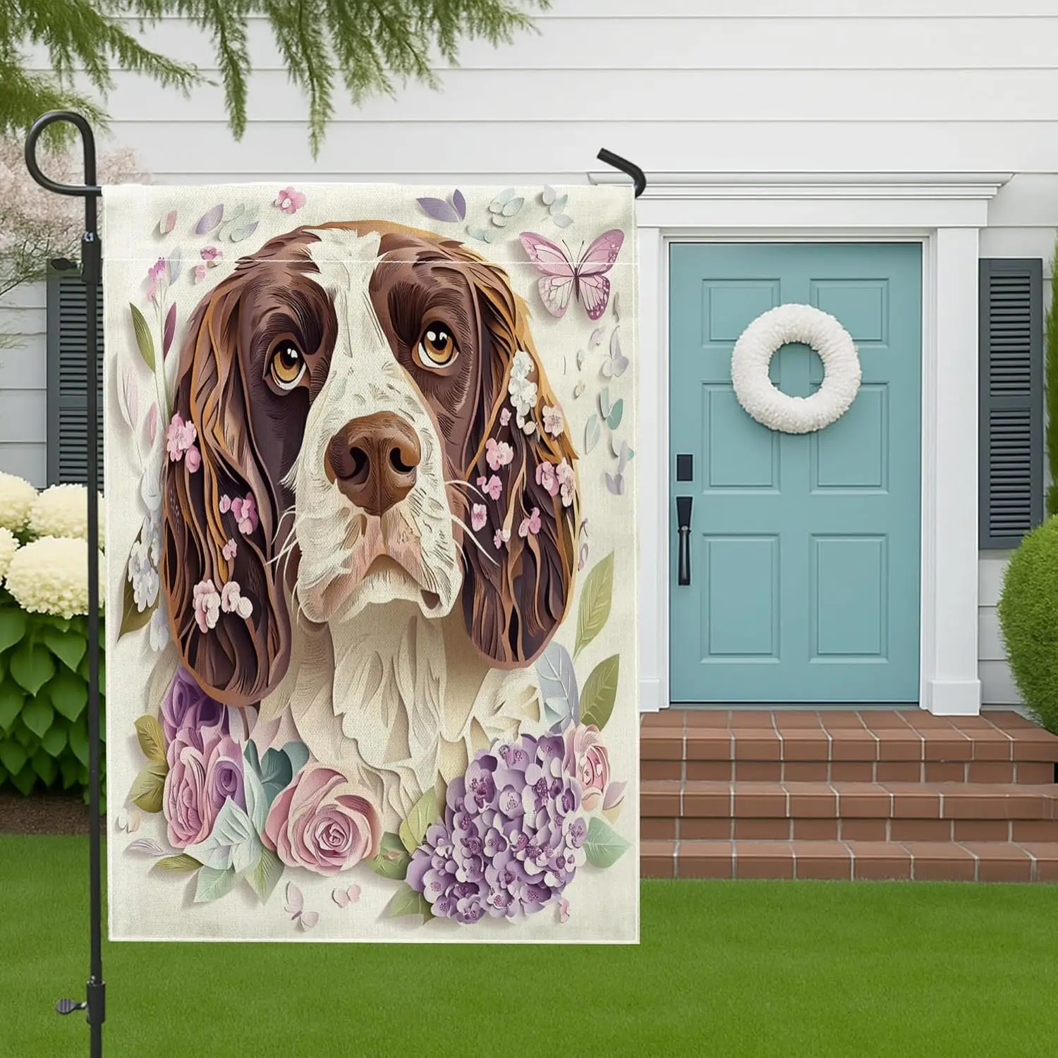 Spring Springer Spaniel Dog Garden Flags 12x18 Inch Double Sided for Outside, Novelty Floral Art Pattern Standard Canvas Hou AAS