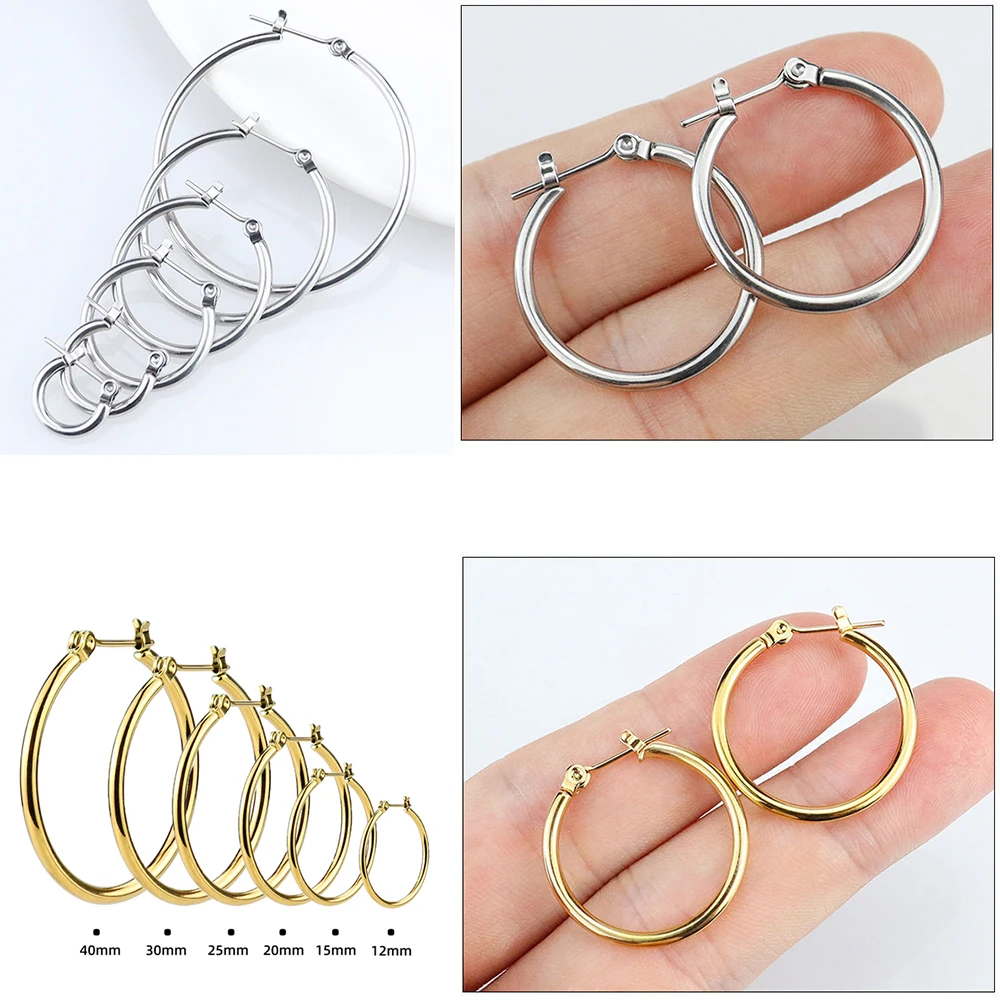 12-40mm 6 Sizes Gold Color Stainless Steel Circle Hoop Earrings for Women Simple Large Small Ear Buckle Hoops Punk Rock Jewelry