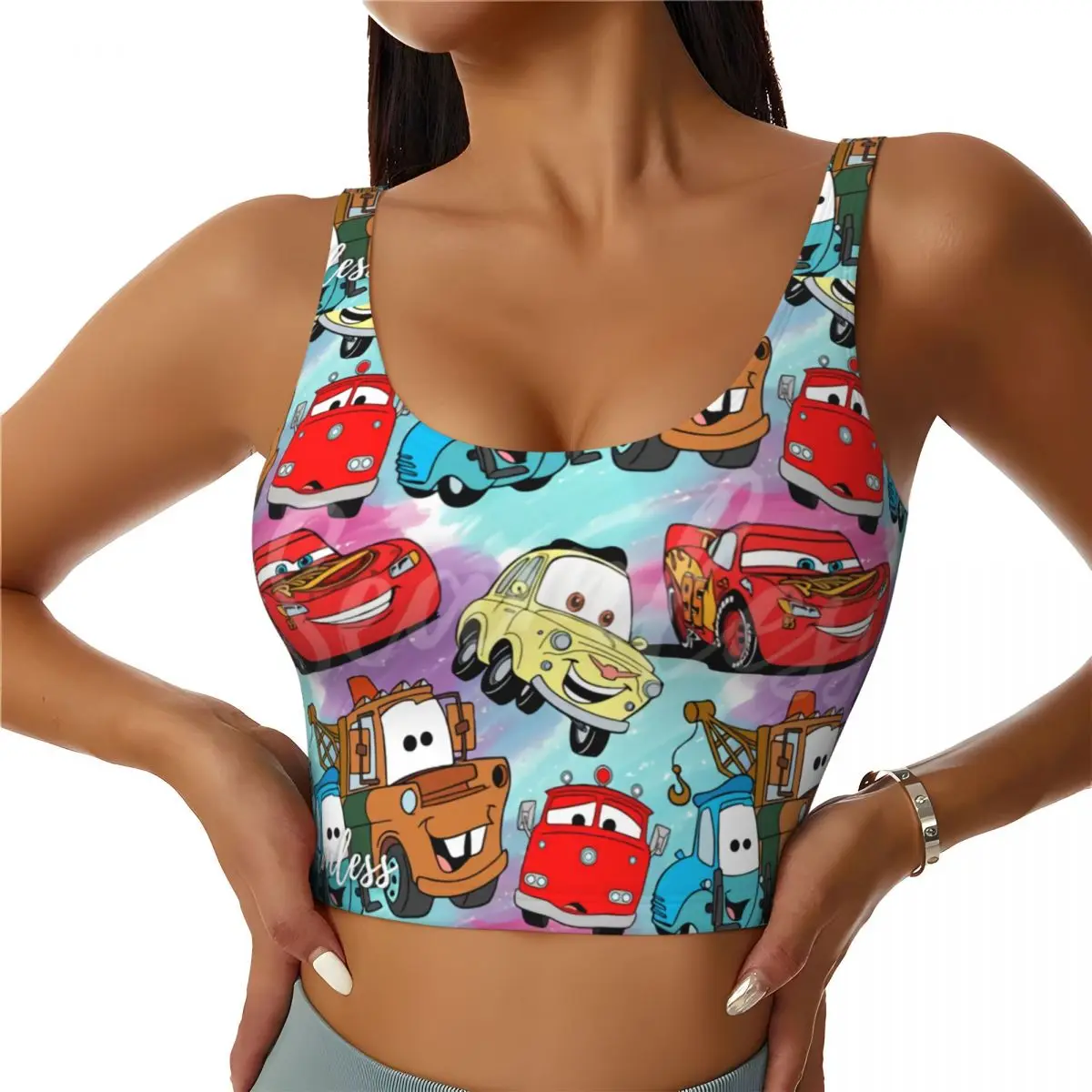 Custom Women Lightning McQueen Cars Collage Sports Bra High Impact Gym Workout Yoga Crop Tank Tops