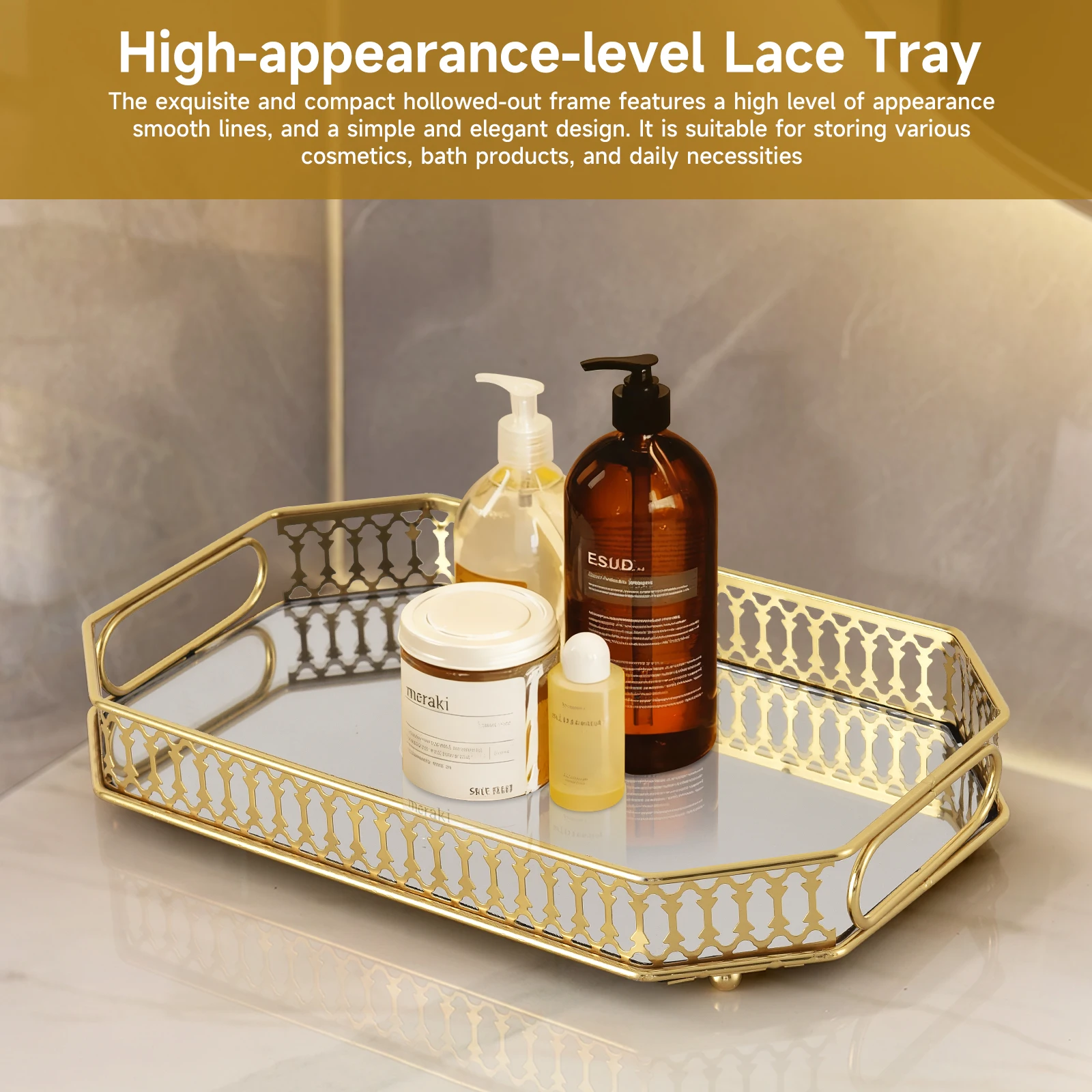 Luxury Skincare Tray - Luxury Gold Lace Hollow Mirror Tray,