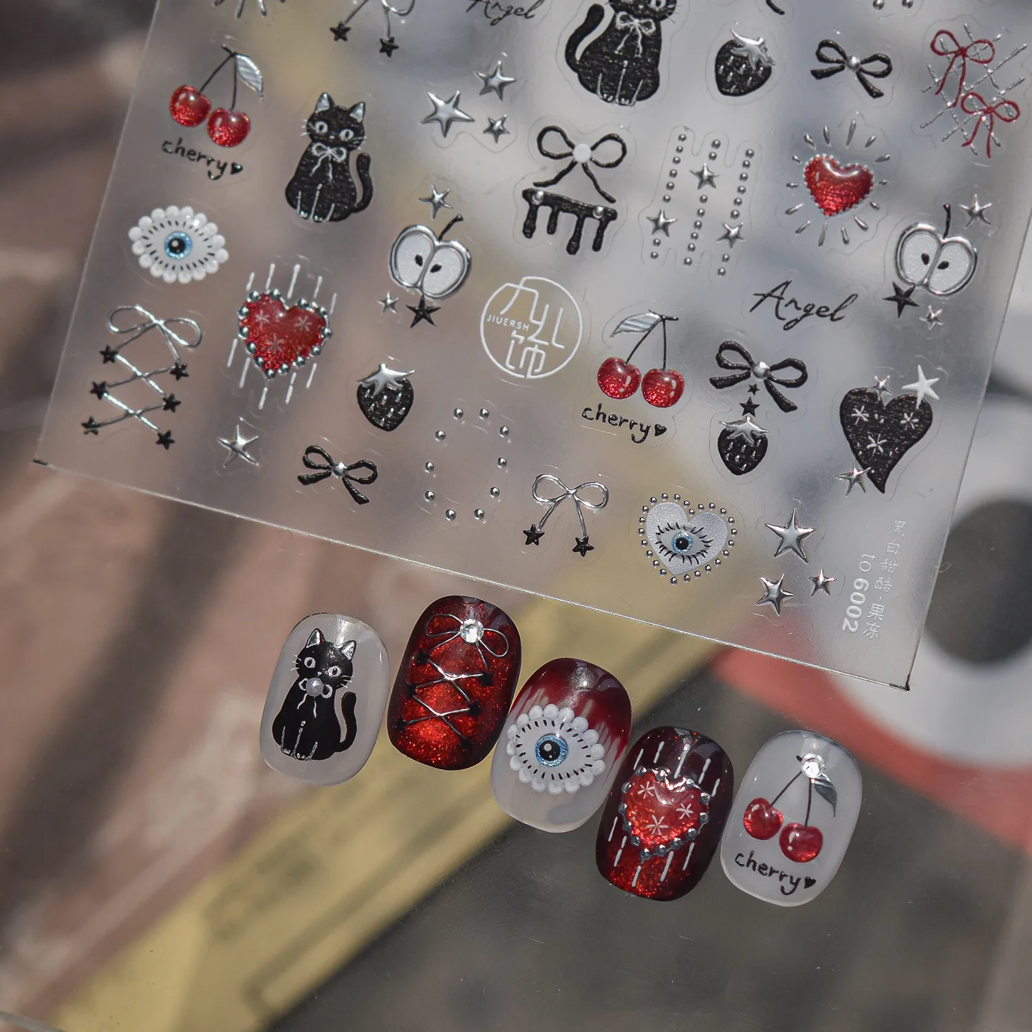 European American Gothic Nail Sticker 5D Black Cat Red Heart Cherry Evil Eye Star Pattern Self Adhesive Nail Stickers Decoration
