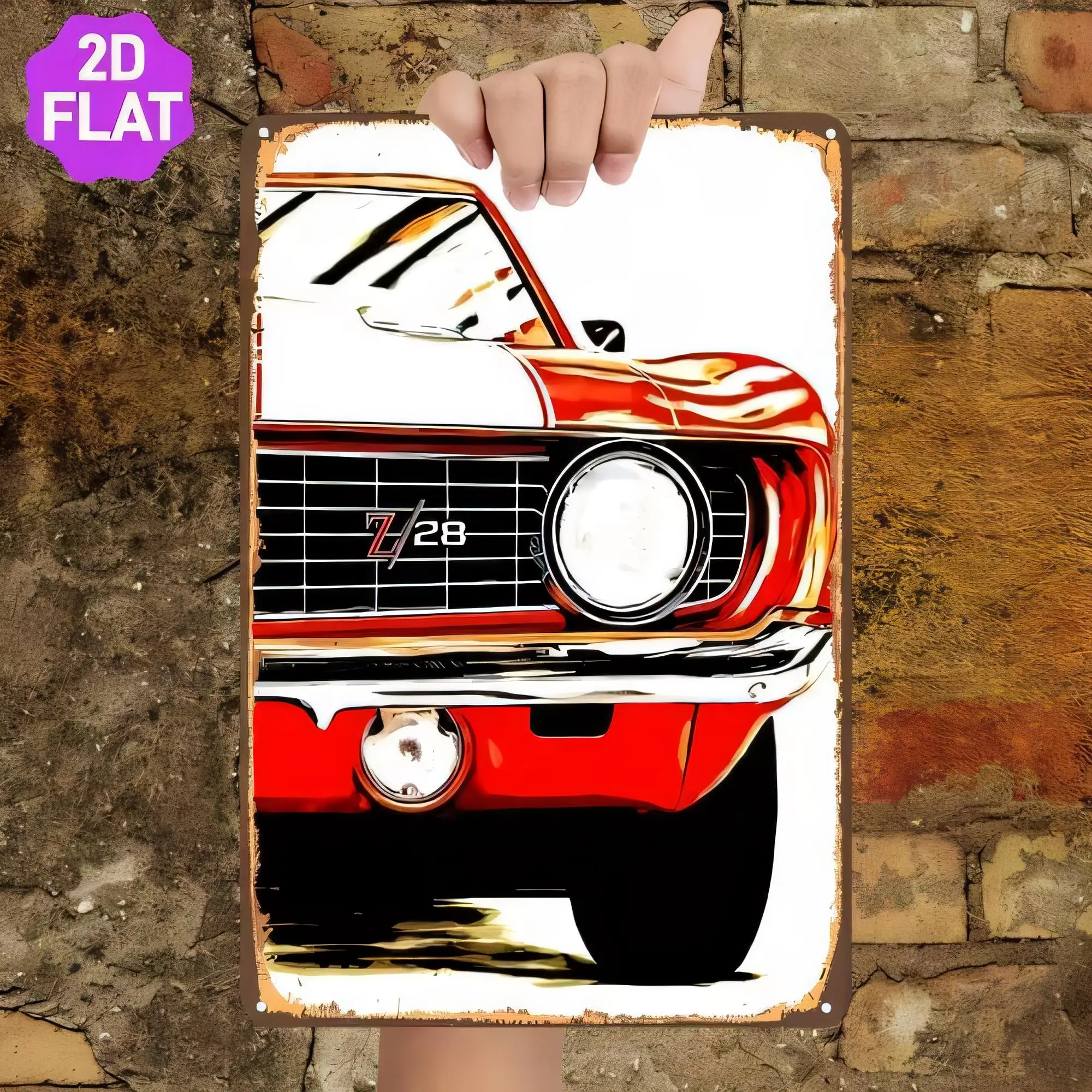 Tin Sign, 1960s Classic Red Muscle Car Headlight Grille Retro Metal Wall Art,   Garage Man Cave Decor, Vintage Automotive Poster
