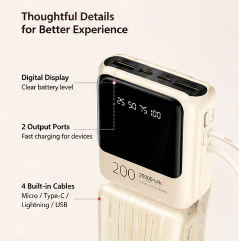 2025 New 20000mAh Power Bank with Built-in Cable Mini Fast Charging Portable Charger Compact Large Capacity Battery