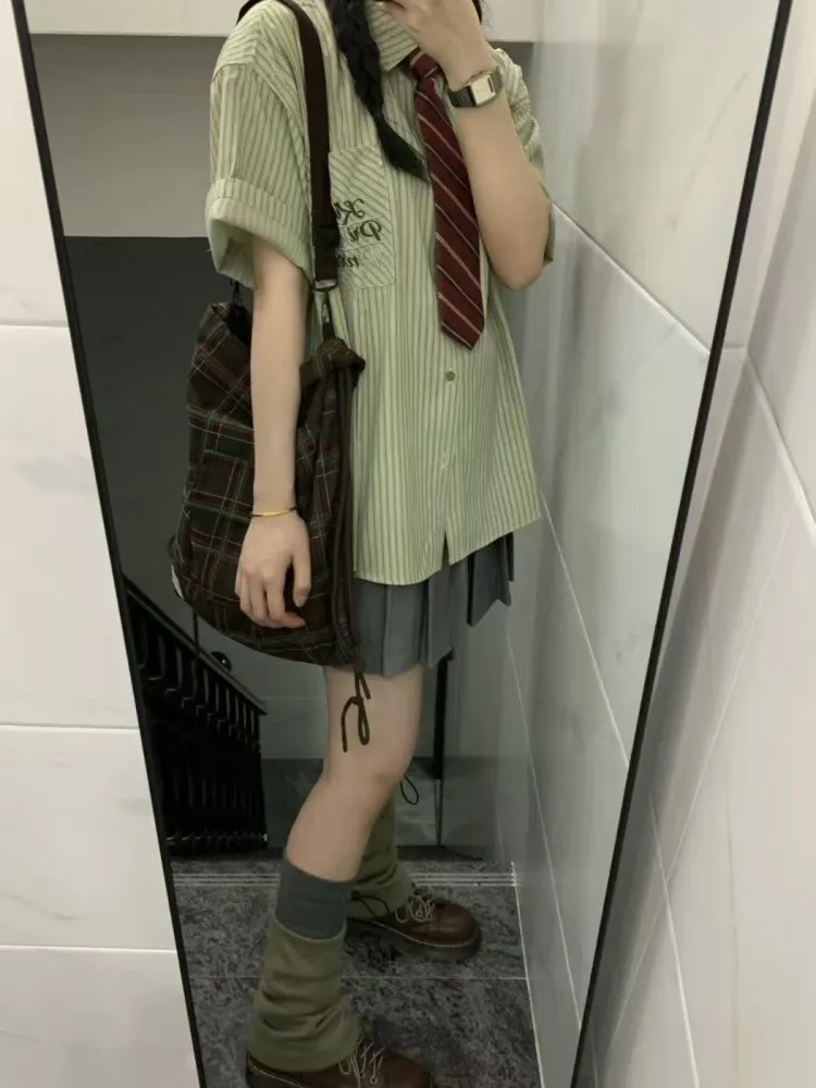 ein JK orm Rock-Set Damen Faion Summer Outfit ort Plaid Dr Zweiteiliger Ensemble-Kragen Button-Up Polyester