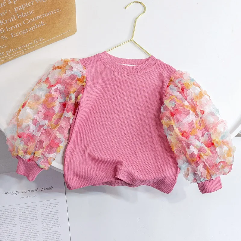 

Children's Lace Bottom Shirt 2023 Autumn Girls' Knitted Elastic Long Sleeve T-shirt Temperament Puff Sleeve Tops Sweatshirt