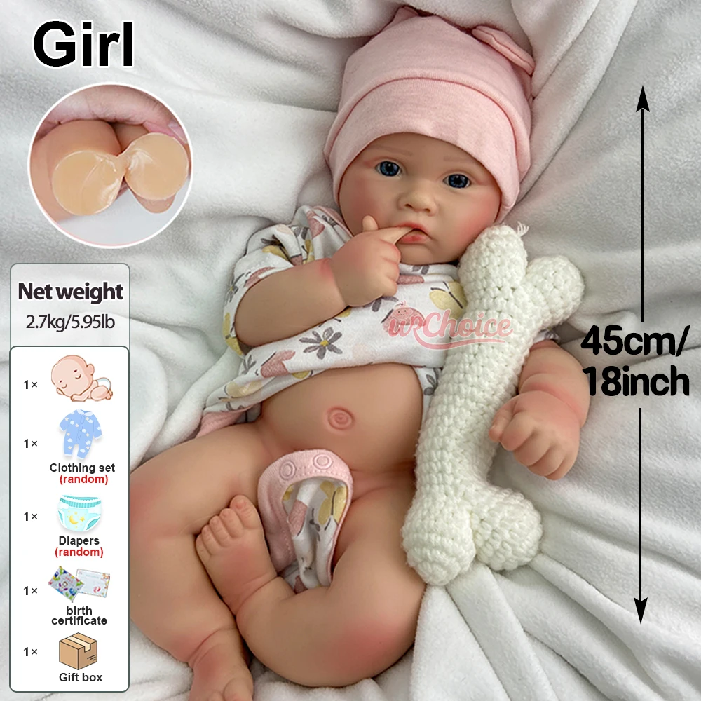 18" Chubby Full Solid Soft Silicone Reborn Baby Girl Open Mouth Newborn Lifelike Details Doll Exquisite Texture For Kids Toy