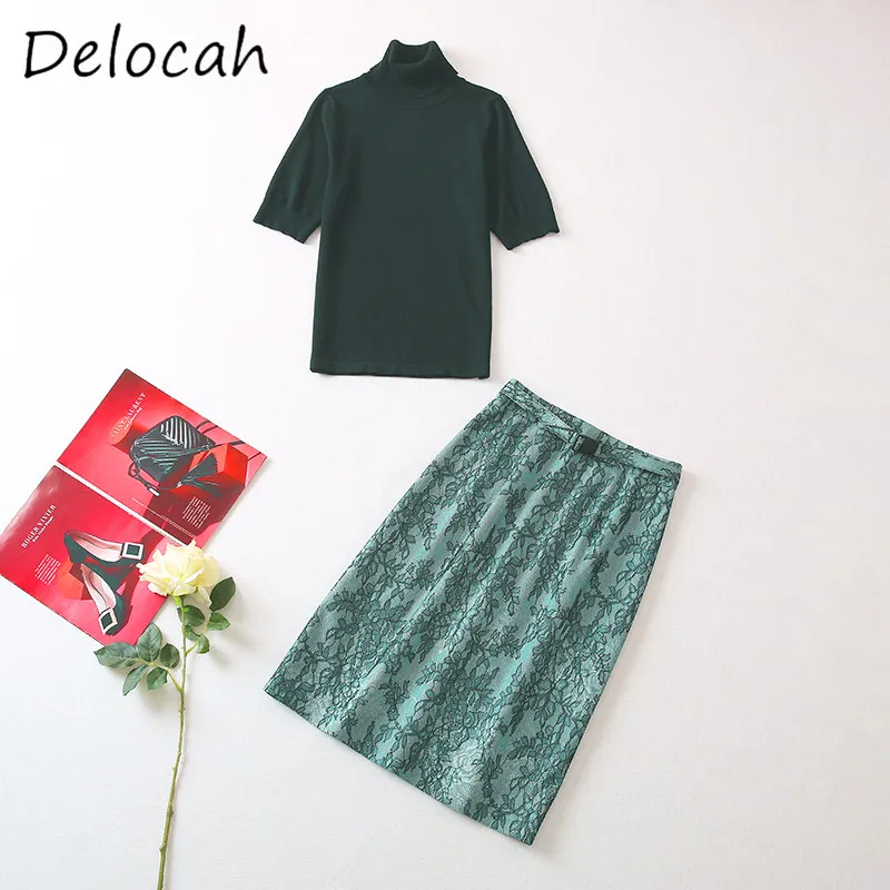 Deloach Spring/Summer New Women's High Collar Five Sleeve Knitted Top Medium Long Lace Composite Satin Small A-line Skirt Set