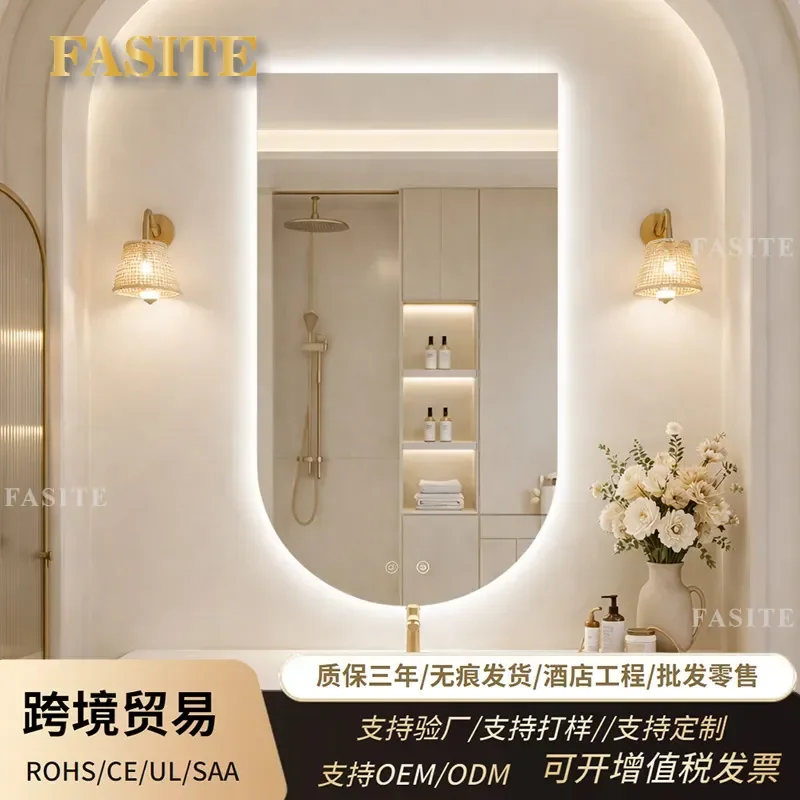 For French Arched Smart LED Bathroom Mirror with Light Makeup Vanity Wall Mounted Arch Shape Illuminated Mirror for Toilet