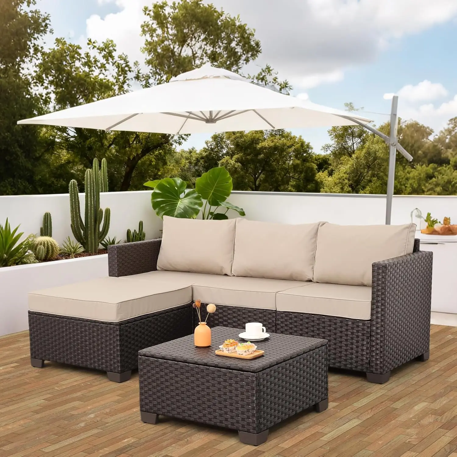 

Patio Furniture Set 3 Piece Outdoor Sectional Sofa Set ,Ottoman, Patio Table with Storage All-Weather Non-Slip Cushions