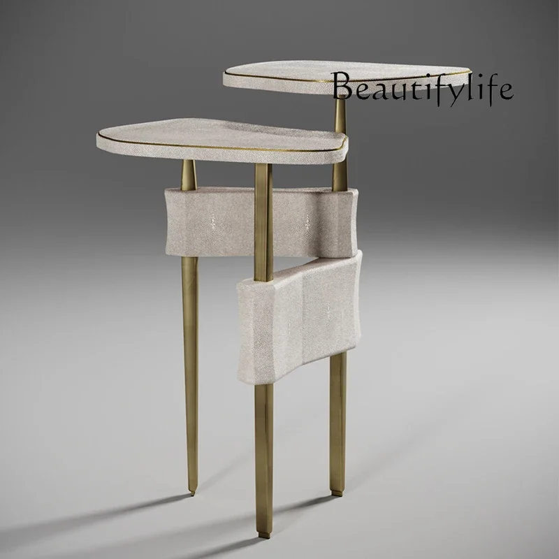 Y Light Luxury Simple Stainless Steel Edge Table Living Room High-end Leather Small Coffee Table Creative Solid Wood Corner Tabl