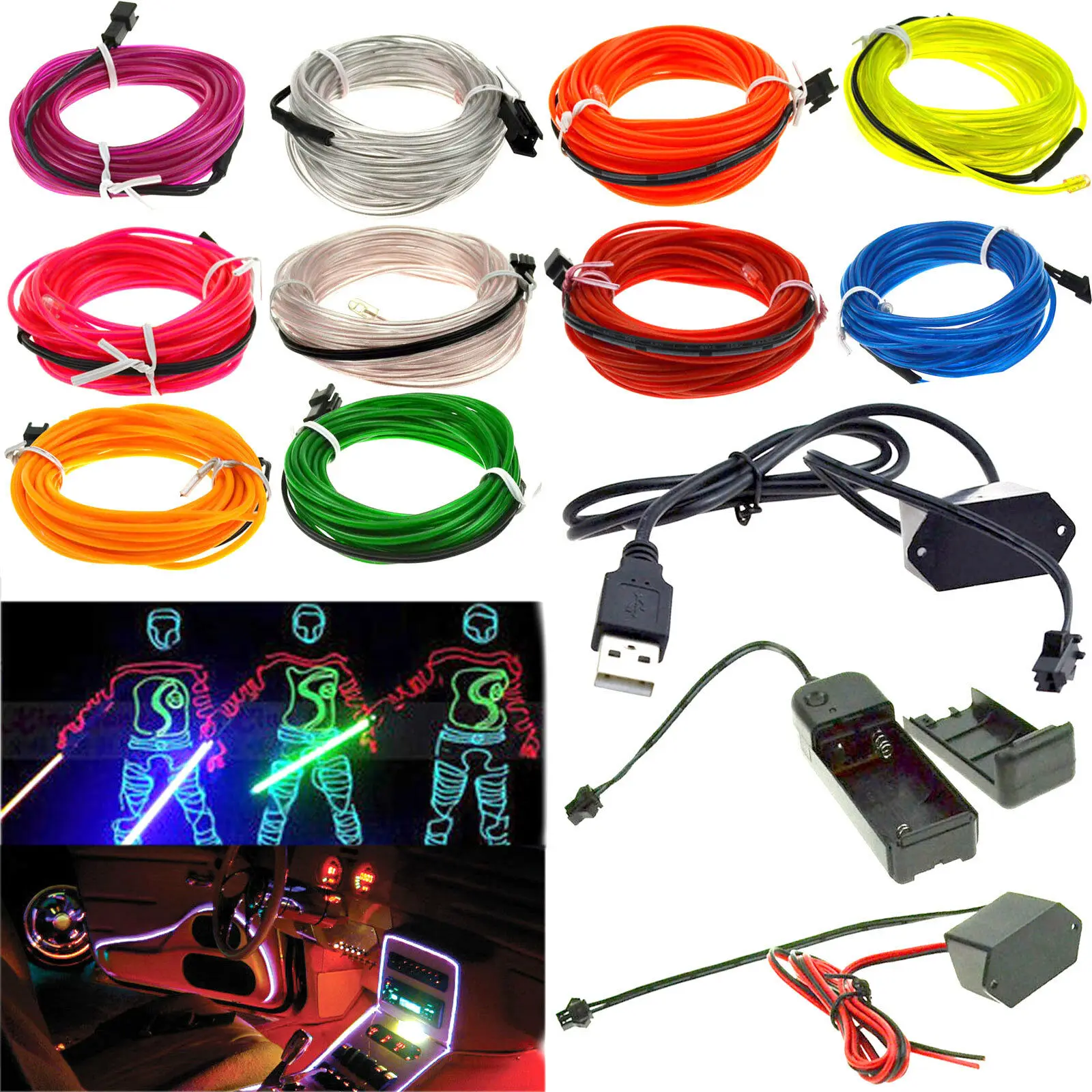 

Flexible Neon Light Glow EL Wire Battery USB 12V Controller Rope tape Cable Strip Lights Shoes Clothing Car waterproof strip