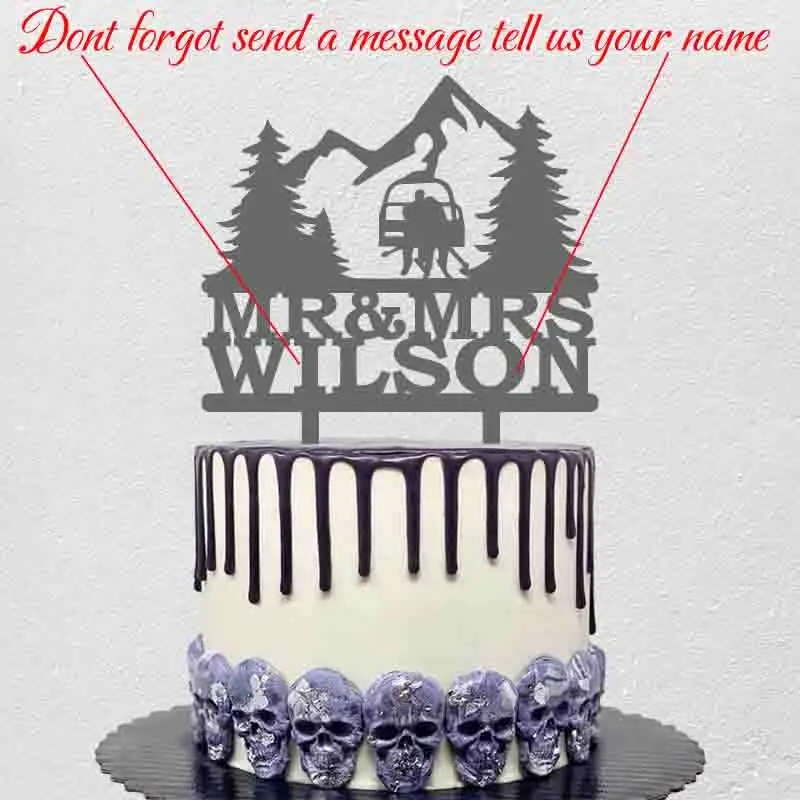 Couple Bride and Groom Winter Wedding Cake Topper Custom Mr Mrs Name Winter Skiing Ski Lift Cake Topper For Skiing Wedding Decor