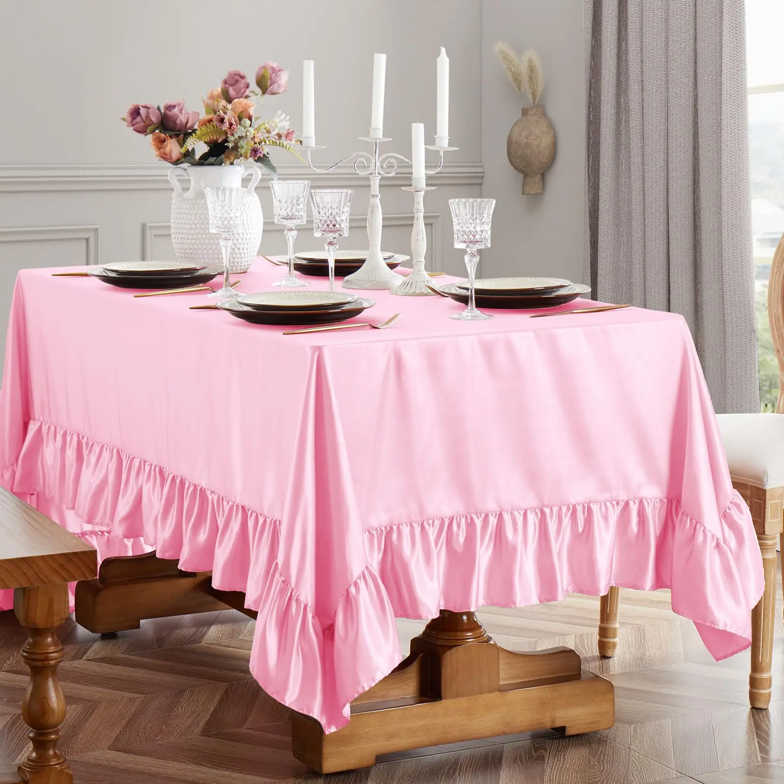 Satin Tablecloth Ruffle Rectangle Table Cover Flounce Large Table Cloth Washable Wrinkle Resistant Decor Banquet Party Kitchen
