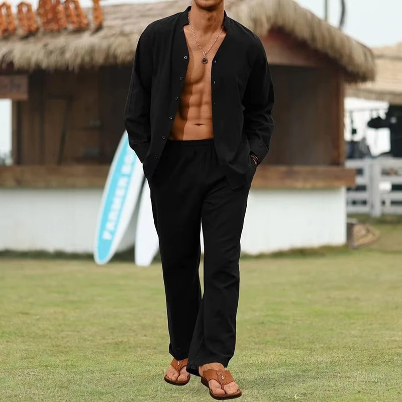 Seaside Beach Leisure Linen Outfits Mens Vintage Stand Collar Long Sleeve Tops And Pants Two Piece Sets Men Autumn Casual Suits