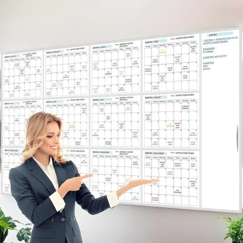 Calendário de ano atualizado apagável 12 meses agenda planejador gigante calendário de parede apagável em branco calendário anual sem data para