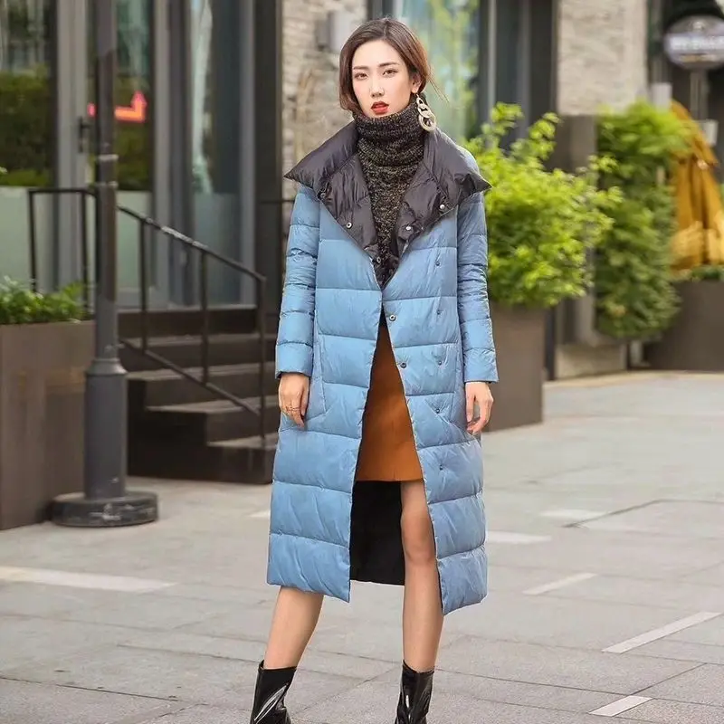 Chaqueta larga de doble cara para mujer, abrigo de cuello alto de plumón de pato blanco, Parkas cálidas de doble botonadura, ropa de nieve para