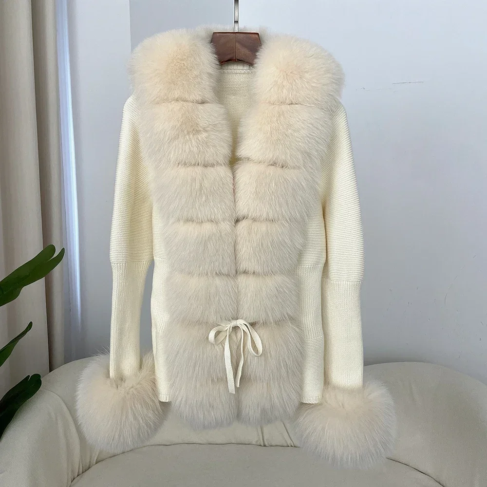 Luxury Patchwork Knitted Sweater Bandage Fur Cardigan Detachable Collar Jacket Fur Coat New Autumn-winter Women\'s Fur Coat