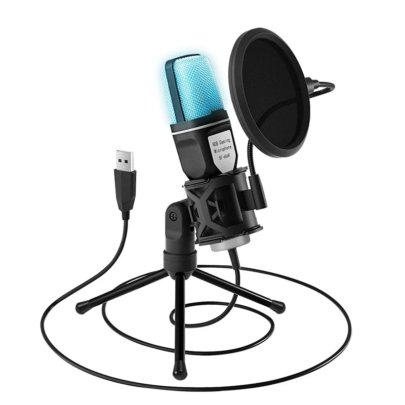 Vendite calde Microfono a condensatore da tavolo con cancellazione del rumore RGB Set di supporti per microfono luminoso a sette colori Strumento per microfono per videogiochi