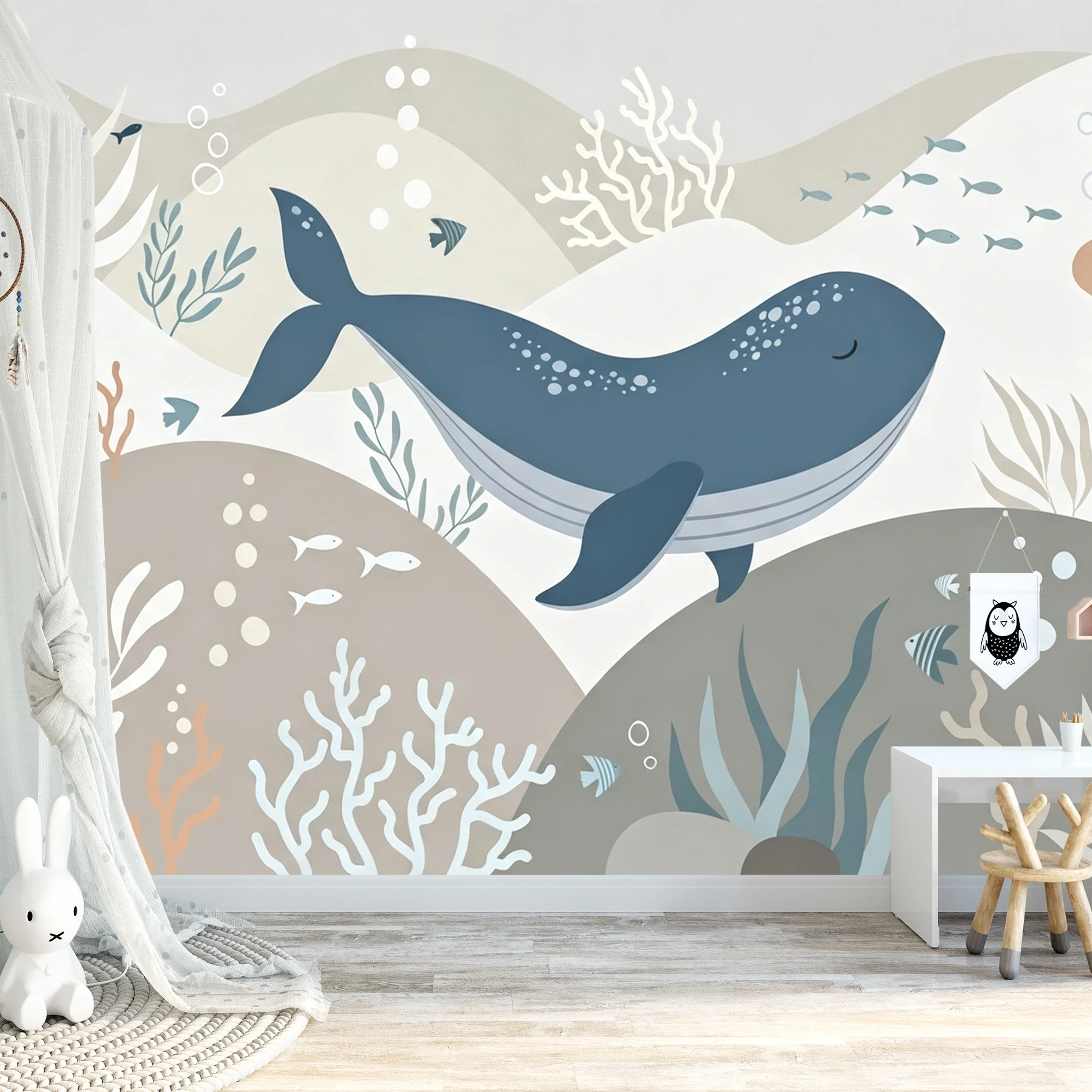Milofi Custom Mural Wallpaper Cartoon Underwater Whale Coral Seaweed Print Wall Mural Neutral Pastel Kids Nursery Bedroom Decor