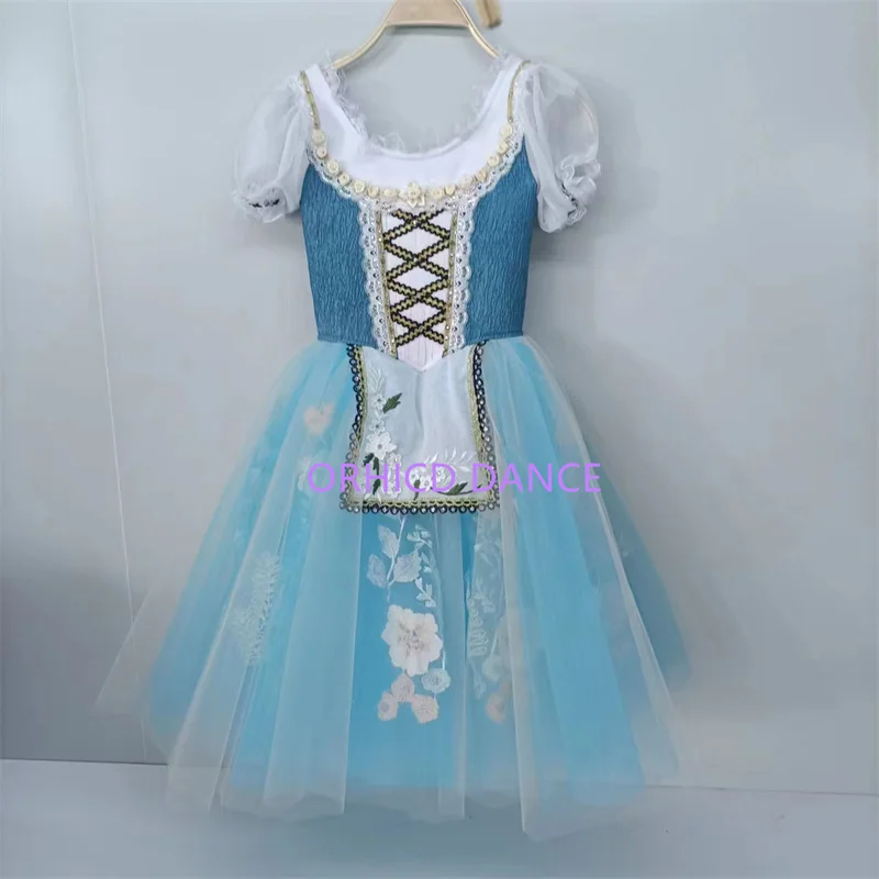 High Quality Custom Size Kids Girls Women Adults Peasant Gilsay Ballet Dance Performance Wear Long Blue Romantic Tutu Costumes