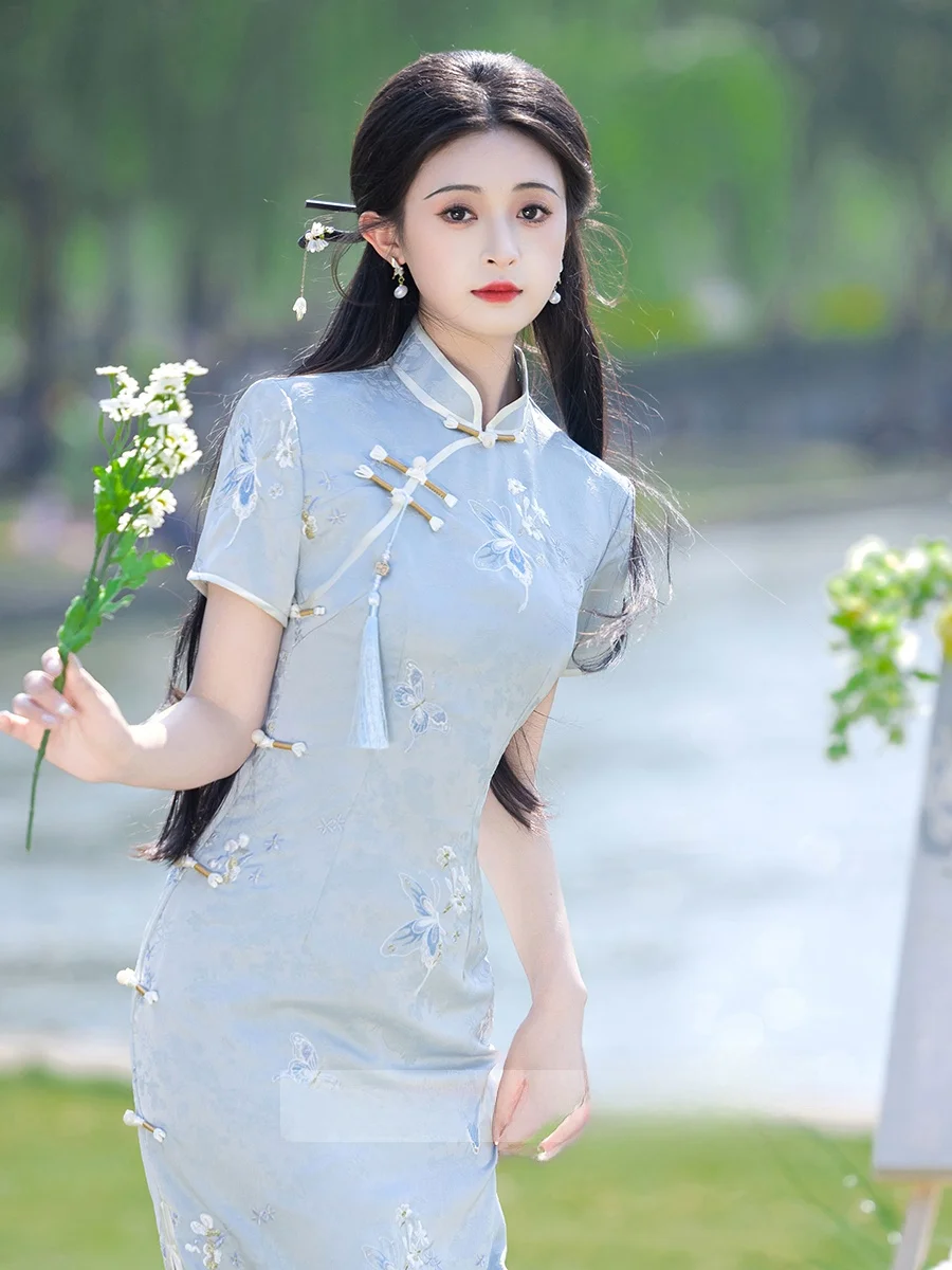 

Ele Blue Embroidered Young Sle Revamped Chinese National Faion Women's Dr Breathable ort Sve Midi