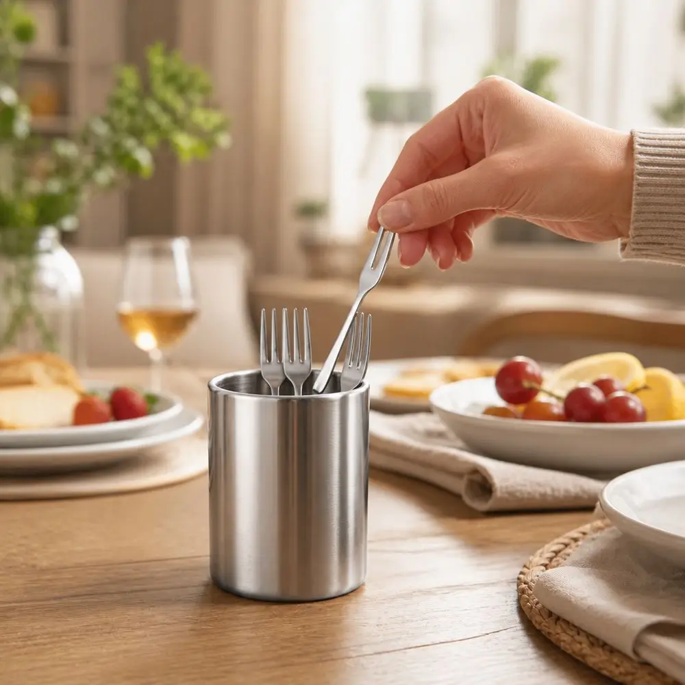 Stainless Steel Fruit Fork Holder Minimalist European Style Cylindrical Structure Toothpick Holder Multiple Color Options
