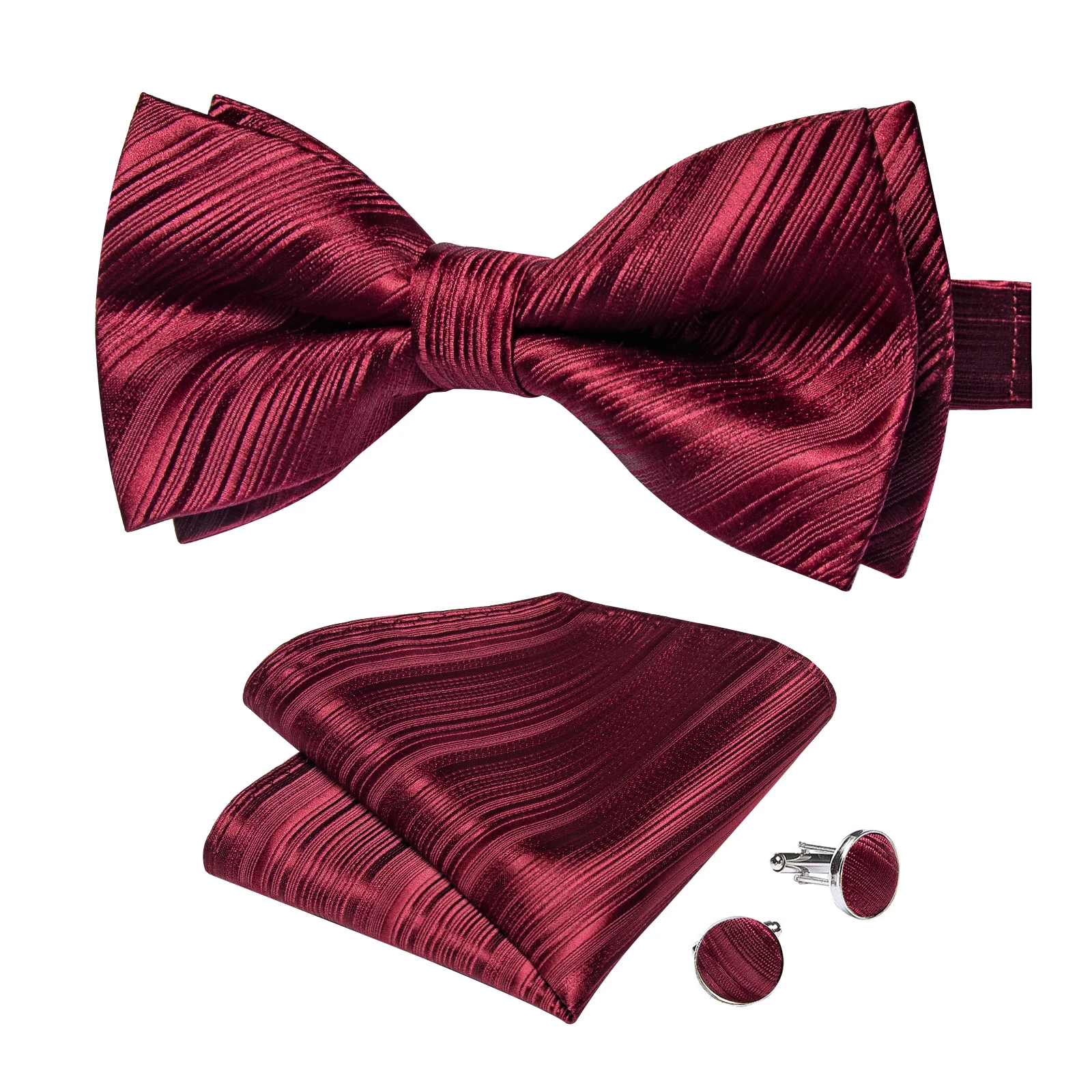 Klassisches schwarzes Herren-Fliege-Set mit Einstecktuch und Manschettenknöpfen – Paisley Gold Vorgebundene Fliege – Detail 7