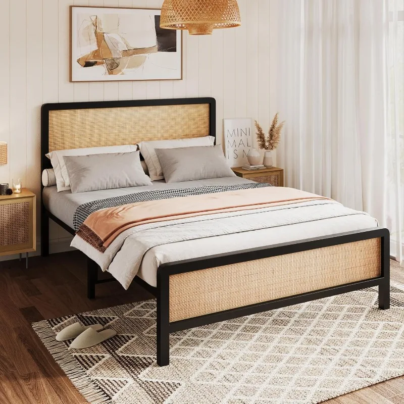 

Full Size Bed Frame with Rattan Headboard and Footboard, Platform Bed Frame with Safe Rounded Corners, Strong Metal Slats