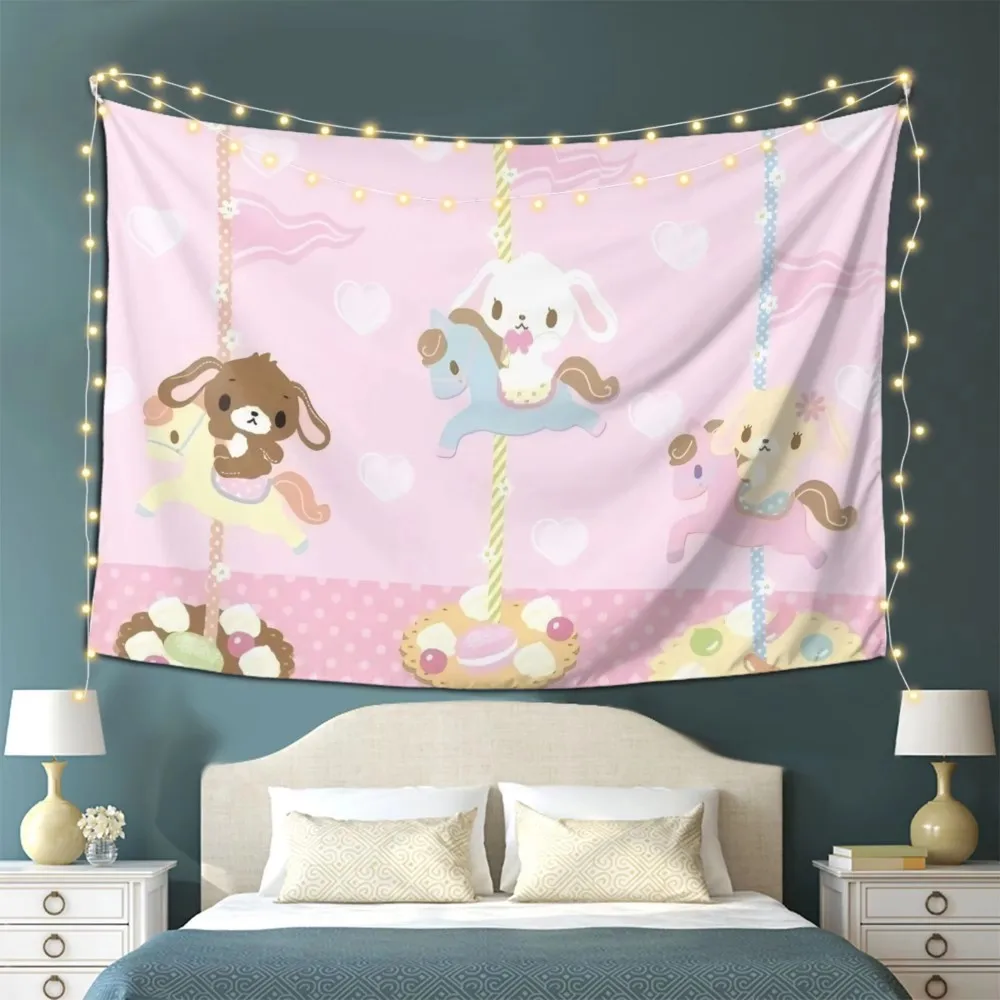 VIKAMA Tapisserie murale Lolita Bunny Carousel, tapisserie murale en polyester avec lapin mignon, décoration murale pour chambre à coucher, dortoir, tissu décoratif
