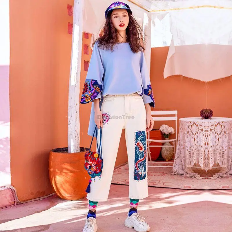 

2023 new chinese ethnic style straight leg cropped pants spring new embroidered jeans women's vintage fashion casual pants g971