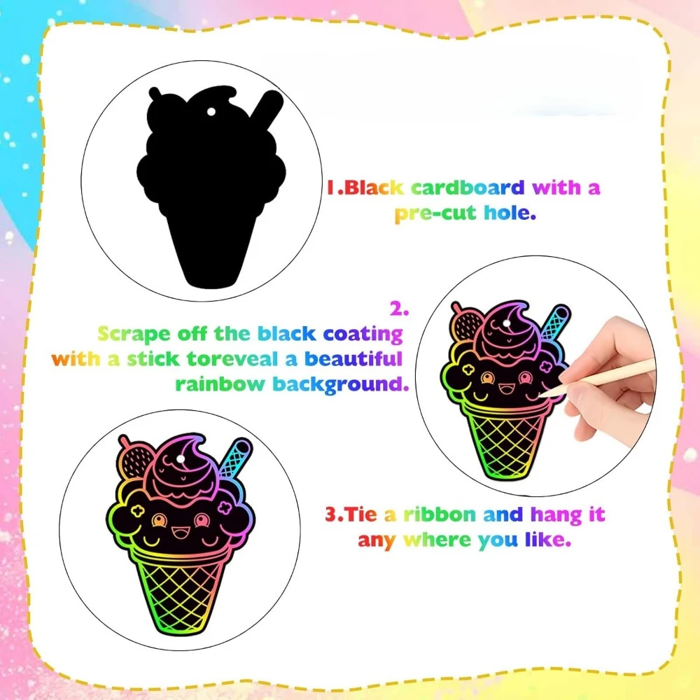 48 pieces of ice cream scratch cards, magical Rainbow summer dessert scratch cards, fun for children