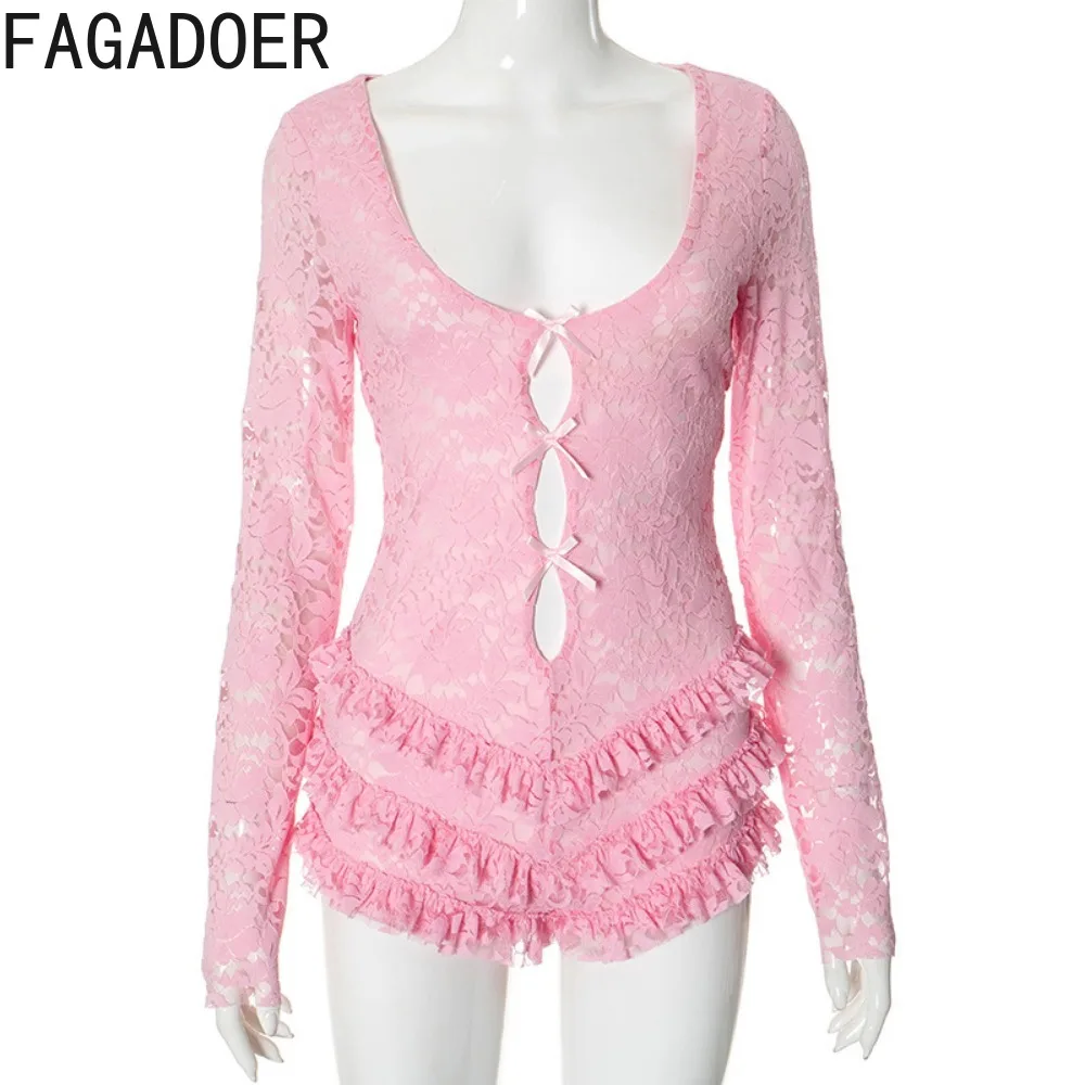 FAGADOER Pink Lace One Pieces Rompers Women Sexy Hollow Bow Patchwork Ruffle Ruched Bodysuits Overalls Hot Girl Party Clubwear