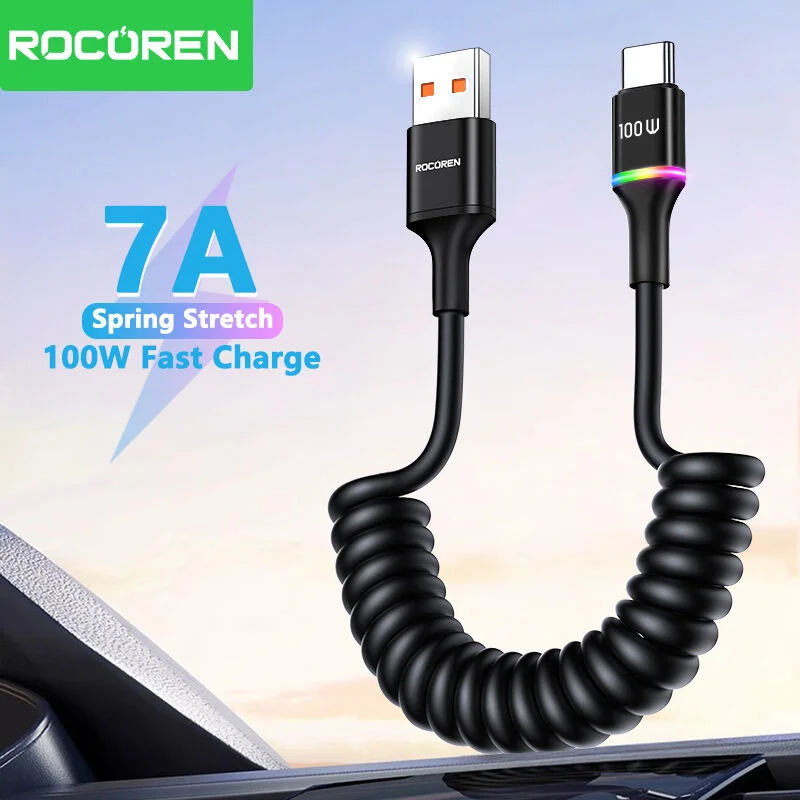 

Rocoren 100W 7A USB to Type C Cable Fast Charging Cable USBC Data Cord Flexible Spring Cable For Huewei Xiaomi 14 13 Vivo Realme