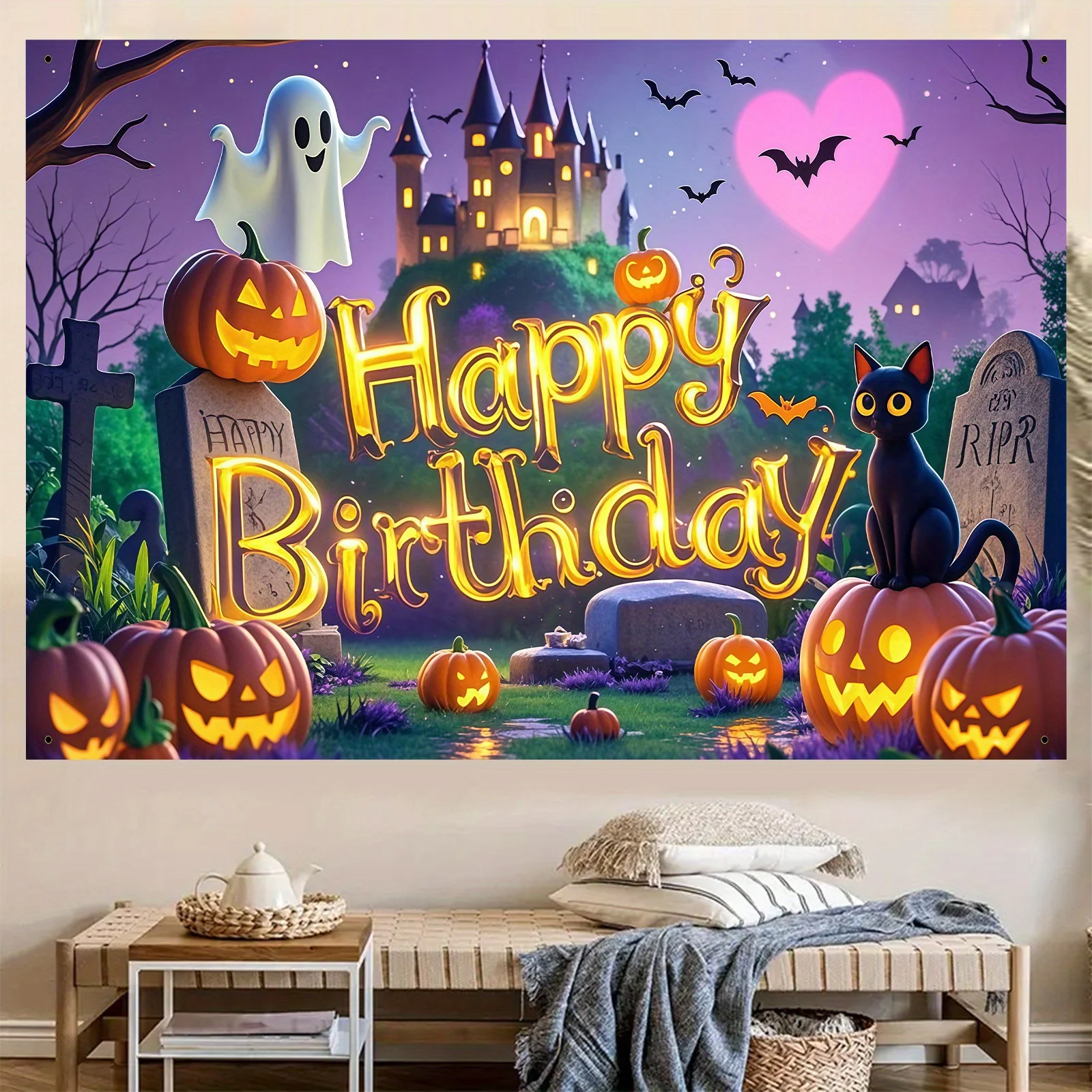1pc Halloween Happy Birthday Tapestry Spooky Cute Pumpkin Ghost Black Cat Castle Graveyard Photo Booth Background Party Decor